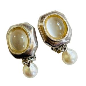 VTG Bettina Duncan Earrings Moonstone Cabochon pearl Dangle Clip 925 sterling